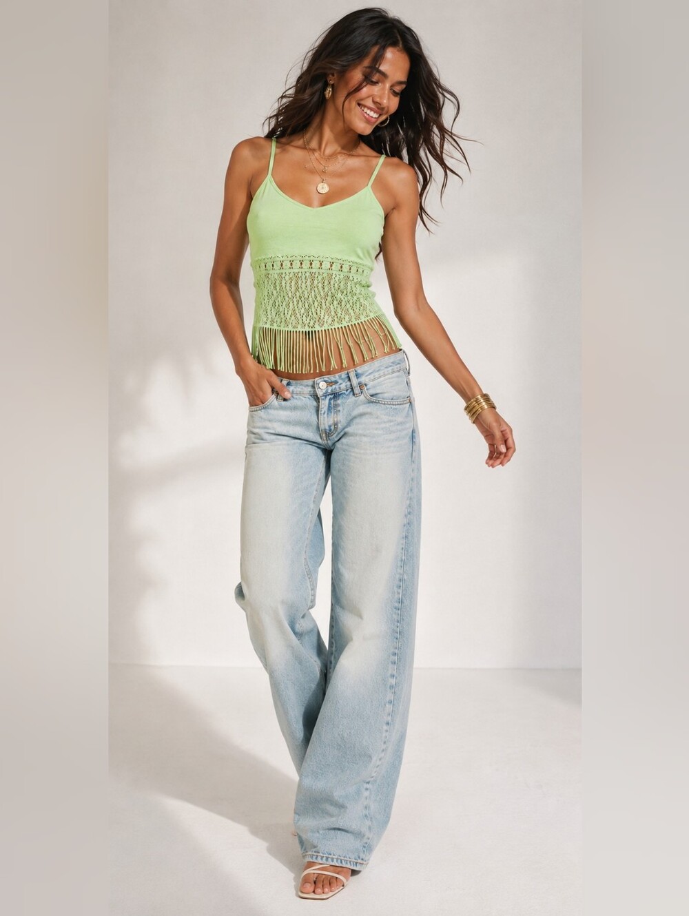 Y-London Y2K Lime Crochet Fringe Cami Tank Boho Festival M